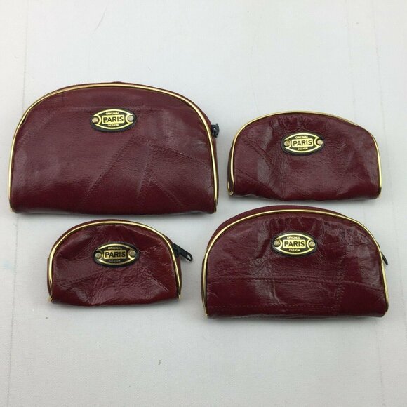 Vintage Set 4 Original Paris Design Red Leather Cosmetic Bag Coin Purse Makeup - Picture 1 of 5